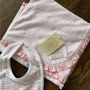The Beaufort Bonnet Company Pink Stripe Buggy Blanket and bib